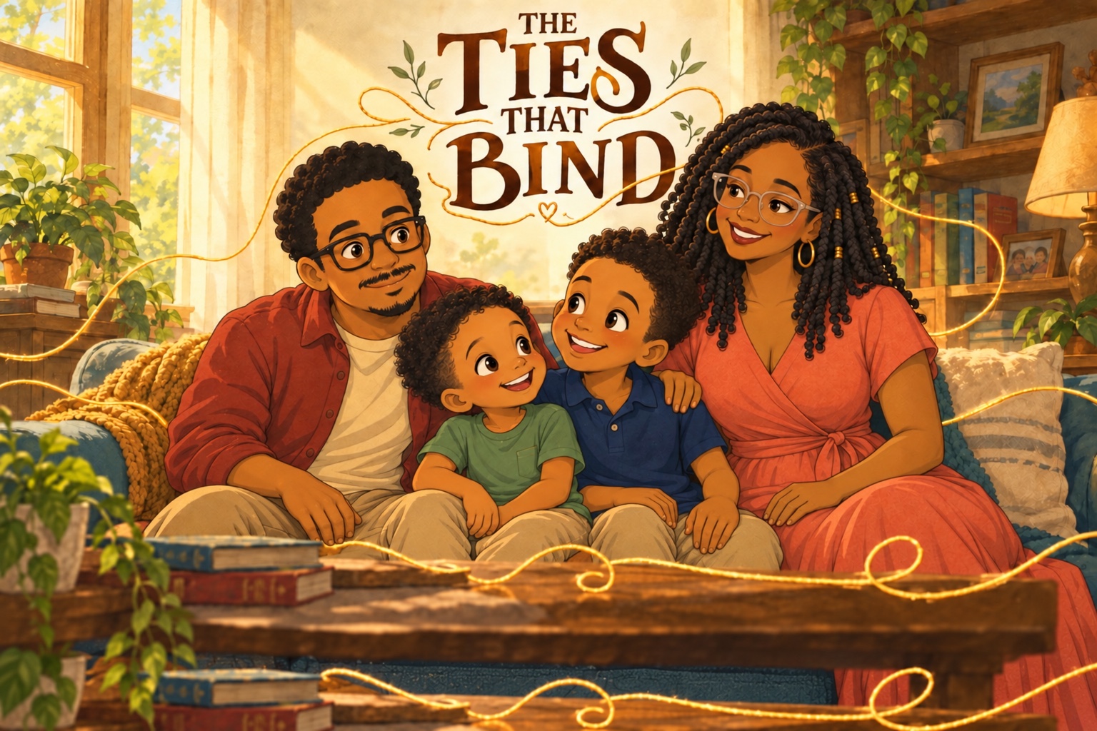A smiling family together beneath The Ties That Bind title artwork